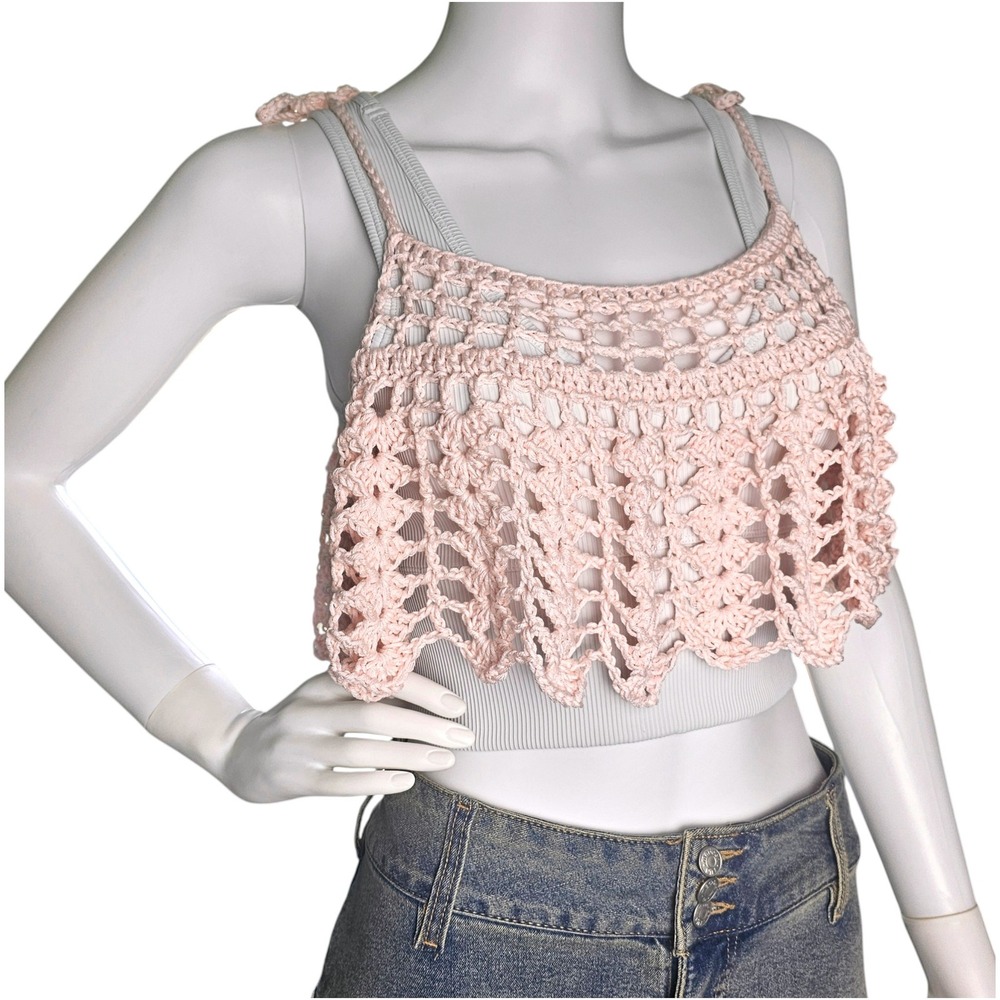 Handmade Crochet Boho Crop Top, SM-MED, Adjustable Cottagecore Pink Ruffle Top